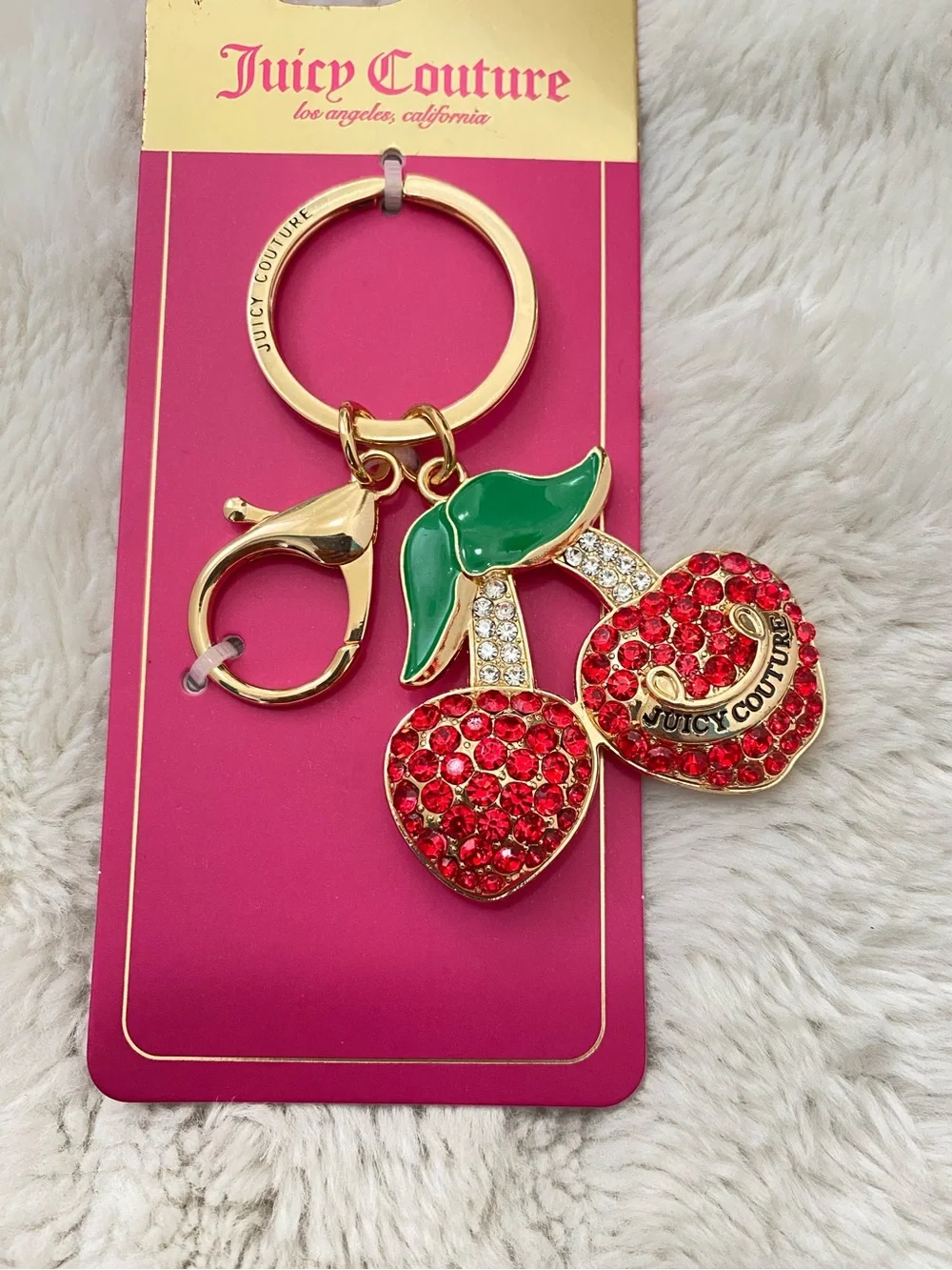 Juicy Couture Red Crystal Cherry Bag Charm Key Ring with Green Enamel Leaves
